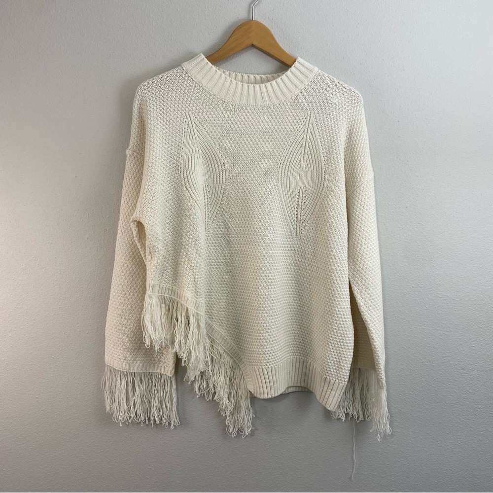 Mello Los‎ Angeles Fringe Asymmetrical Crewneck Sweater Ivory NWT Women’s Medium